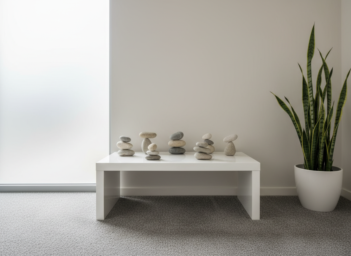 A clean, modern therapy environment featuring a collection of small, smooth stone sculptures arranged in balanced pairs on a low, white display table—each stone symbolizing mental balance and emotional support. The surroundings are characterized by pale neutral walls, a tasteful plant in a minimalist pot, and textured grey carpeting. Overcast daylight filters through a frosted-glass window, creating gentle diffuse lighting that casts barely-there shadows while highlighting the tranquil textures. The composition is symmetrical and ordered, with sharp focus throughout, conveying a serene, supportive, and professional atmosphere. This image artistically represents the psychological and emotional guidance vital to holistic child wellbeing.