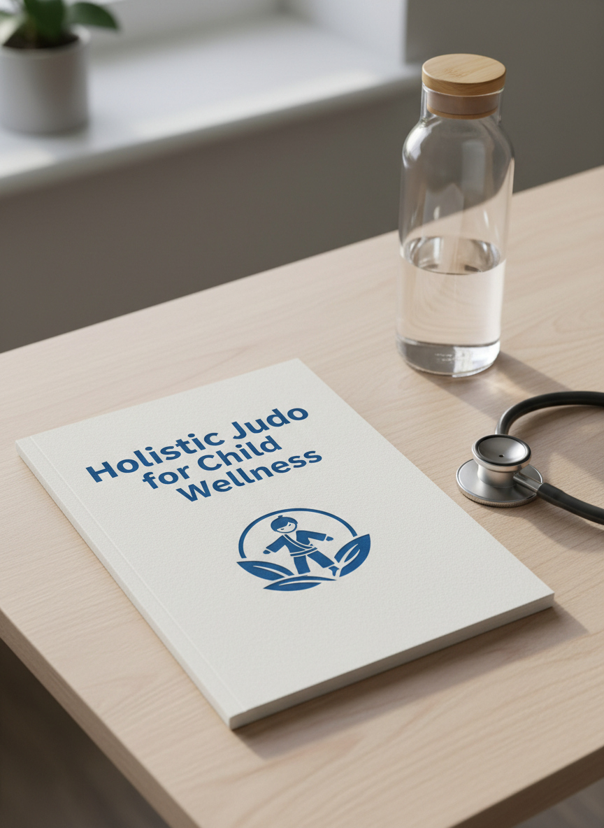 A close-up shot of a contemporary health booklet titled 'Holistic Judo for Child Wellness,' featuring a matte finish and embossed blue logo, placed on a minimalist desk with light wood grain texture. Beside the booklet, a stethoscope lies coiled, and a clear glass water bottle is neatly positioned. Daylight from a nearby window gently illuminates the scene, producing subtle reflections and balanced shadows. The image is composed from a slightly elevated angle, employing sharp focus on the booklet, with a softly blurred background to maintain a clean, organized look. The mood is calm, precise, and inviting, reinforcing both professionalism and the integration of healthcare within the program.