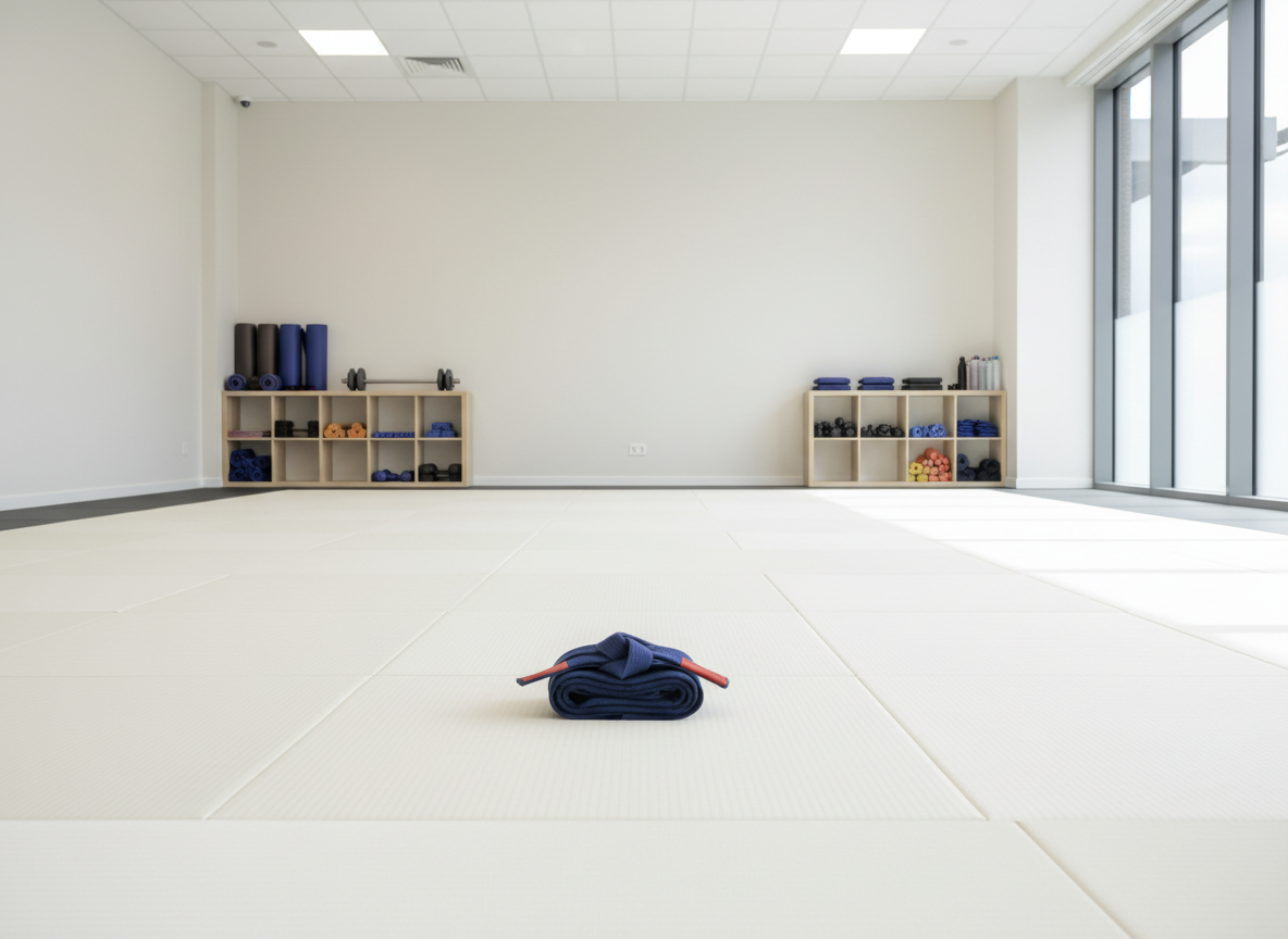 A meticulously arranged set of modern judo equipment—pristine, ivory-white tatami mats with subtle stitched textures and a neatly folded navy blue judo belt—placed in a bright, spacious exercise studio. The room features clean, neutral walls, minimalistic shelving with well-organized sports gear, and glass panels allowing ample diffused natural daylight. The lighting casts crisp yet gentle highlights on the mats and soft shadows along the floor's edges. The mood is professional and structured, evoking a sense of calm, readiness, and focus. Captured with an eye-level, centered composition, highlighting the clarity of lines and balanced layout. The photographic realism and corporate aesthetic underscore discipline and wellness in a health-focused, child-friendly movement space.
